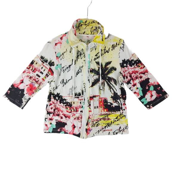 ONQUE CASUALS Women's Full Zip Jacket Tropical Art Rhinestone Stud Sz Small Y2K - Picture 1 of 5